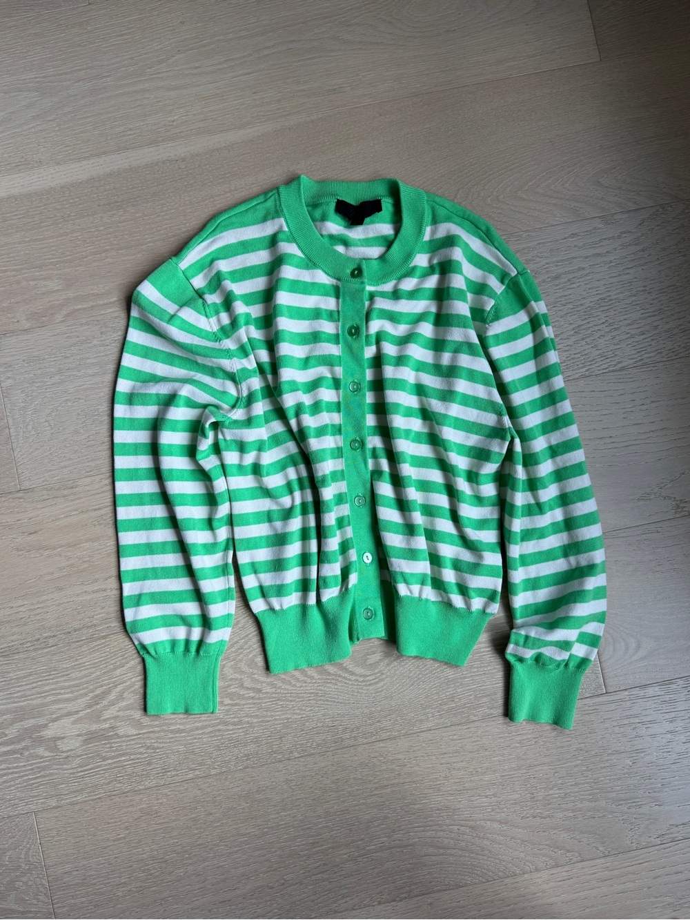 Zara Green White Striped Knit Button Cardigan Sweater Crew Neck Long Sleeve S